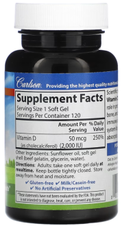 Витамин Д3, Vitamin D3, Carlson Labs, 2000 МЕ (50 мкг), 120 гелевых капсул