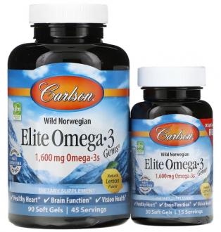 Омега-3, вкус лимона, (Elite Omega-3), Carlson Labs, 1250 мг, 90+30 капсул