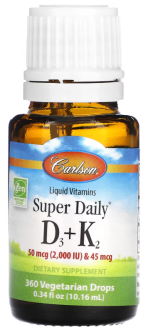 Витамин D-3 и Витамин К-2, Super Daily D3+K2, Carlson Labs, жидкость, 50 мкг (2000 МЕ) и 45 мкг, 10,16 мл