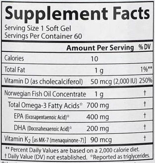 Омега 3 + витамин Д3 и витамин К, Omega-3 Plus D & K, Carlson Labs, 60 гелевых капсул
