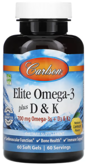 Омега 3 + витамин Д3 и витамин К, Omega-3 Plus D & K, Carlson Labs, 60 гелевых капсул