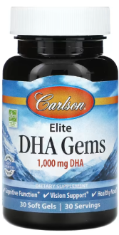 Докозагексаеновая кислота (ДГК), Elite DHA Gems, Carlson Labs, 1000 мг, 30 гелевых капсул