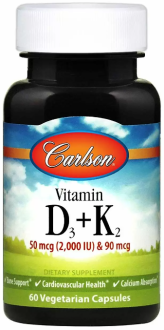 Витамин Д3 и К2, Vitamin D3 + K2, Carlson Labs, 60 капсул