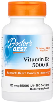 Витамин Д3, Doctor's Best, 5000 МЕ, 180 капсул