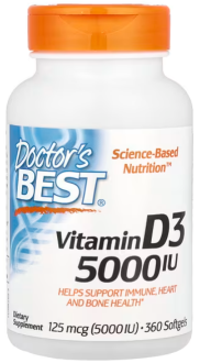 Витамин Д3, Doctor's Best, 5000 МЕ, 360 капсул