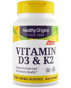 Витамин Д3 и К2, Vitamin D3 + K2, Healthy Origins, 60 гелевых капсул