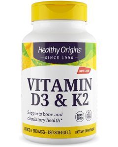 Витамин Д3 и К2, Vitamin D3 + K2, Healthy Origins, 180 гелевых капсул