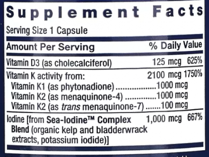 Витамин Д и К с йодом, Vitamins D and K with Sea-Iodine, Life Extension, 60 капсул