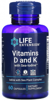 Витамин Д и К с йодом, Vitamins D and K with Sea-Iodine, Life Extension, 60 капсул