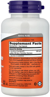 Л карнитин тартрат, L-Carnitine, Now Foods, 500 мг 60 капсул