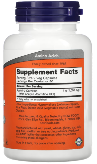 Ацетил карнитин, Acetyl-L Carnitine, Now Foods, 500 мг, 100 капсул