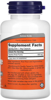 Таурин, Taurine, Now Foods, 500 мг, 100 капсул