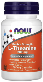 Теанин, L-Theanine, двойная сила, Now Foods, 200 мг, 60 кап.
