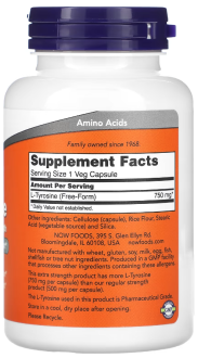 Тирозин, L-Tyrosine, Now Foods, 750 мг, 90 капсул