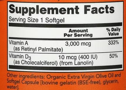 Витамин А и Д, A&D Now Foods, 10000/400 МЕ