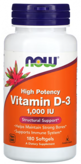 Витамин Д3, Vitamin D-3, Now Foods, 1000 МЕ, 180 капсул