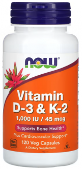 Витамин Д3 и К2, Vitamin D-3 & K-2, Now Foods, 1000 МЕ/45 мкг, 120 капсул