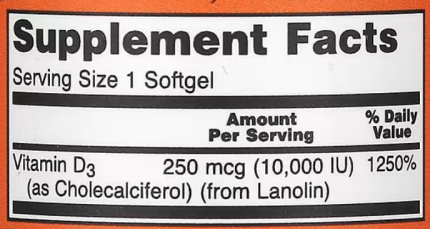 Витамин Д3, Vitamin D-3, Now Foods, 10 000 МЕ, 120 капсул.
