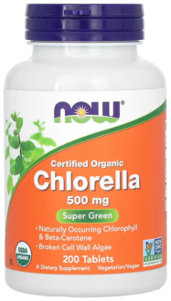 Хлорелла (Chlorella), Now Foods, органик, 500 мг, 200 таблеток
