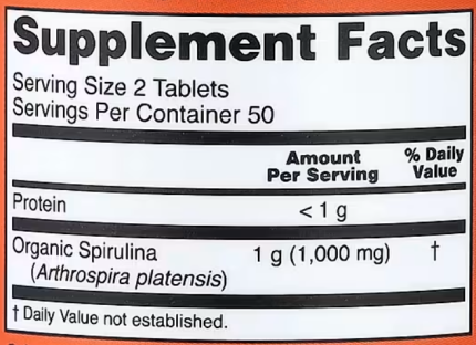 Спирулина, Spirulina, Now Foods, органик, 500 мг, 100 таблеток