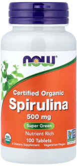 Спирулина, Spirulina, Now Foods, органик, 500 мг, 100 таблеток