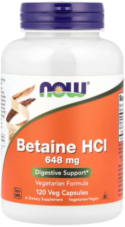 Бетаин гидрохлорид, Betaine HCL, Now Foods, 648 мг, 120 капс.