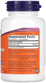 Альфа-липоевая кислота, Alpha Lipoic Acid, Now Foods, 250 мг, 120 кап.