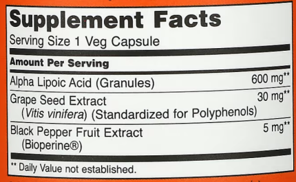 Альфа-липоевая кислота, Alpha Lipoic Acid, Now Foods, 600 мг, 120 кап.