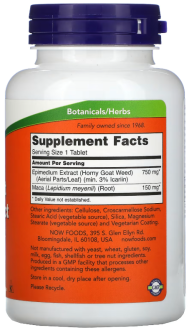 Горянка с макой (Horny Goat Weed), Now Foods, экстракт, 750 мг, 90 таблеток