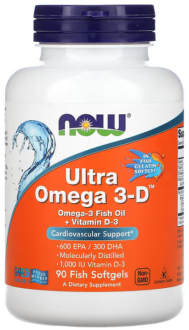 Омега 3 + витамин Д3, Ultra Omega 3-D, Now Foods, 90 капсул