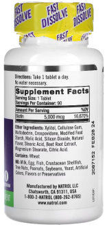 Биотин, Biotin, вкус клубники, Natrol, 5000 мкг, 90 таблеток