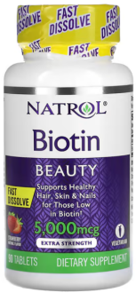 Биотин, Biotin, вкус клубники, Natrol, 5000 мкг, 90 таблеток