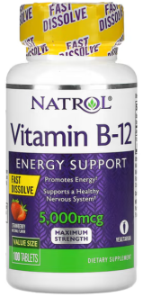 Витамин В12, вкус клубники, Vitamin B-12, Natrol, 5000 мкг, 100 таблеток