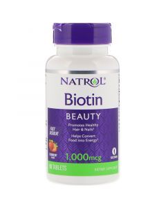 Биотин (вкус клубники), Biotin, Natrol, 1000 мкг, 90 таблеток