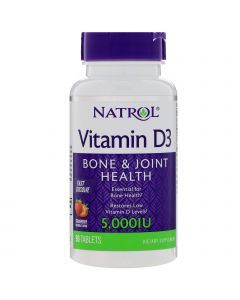 Витамин Д3, Vitamin D3, Natrol, вкус клубники, 5000 МЕ, 90 таб.