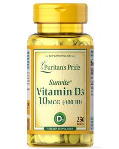 Витамин Д3, Vitamin D3, Puritan's Pride, 400 МЕ, 250 таблеток