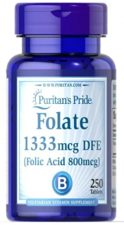 Фолиевая кислота, Folic Acid, Puritan's Pride, 800 мкг, 250 таблеток