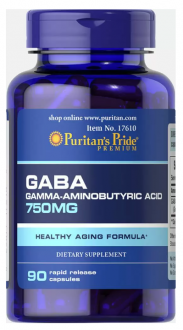 ГАМК (гамма-аминомасляная кислота), GABA, Puritan's Pride, 750 мг, 90 капсул