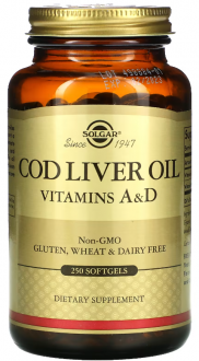 Витамин А и D из печени трески (Vitamin A D), Solgar, 250 капсул