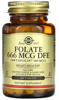 Фолат, 666 мкг DFE, Solgar, Метафолин 400, 100 табл.