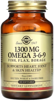 Рыбий жир, Омега 3 6 9 (EFA, Omega 3-6-9), Solgar, 1300 мг, 60 капсул