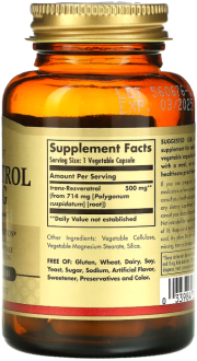 Ресвератрол (Resveratrol), Solgar, 500 мг, 30 капсул