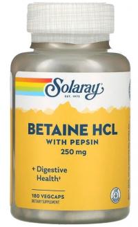 Бетаин HCl + пепсин, HCL with Pepsin, Solaray, 250 мг, 180 капсул