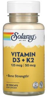 Витамин Д3 и К2, Vitamin D-3 & K-2, Solaray, 60 кап.