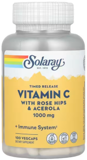 Витамин С с замедленным высвобождением, Vitamin C, Timed Release Vitamin C with Rose Hips & Acerola, Solaray, 1000 мг, 100 капс.