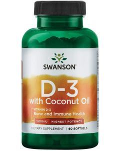 Витамин D3 с кокосовым маслом, Vitamin D3 with Coconut Oil, Swanson, высокоэффективный, 60 гелевых капсул