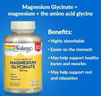 Глицинат магния с высокой усвояемостью, Magnesium Glycinate, Solaray, 350 мг