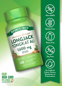 Тонгкат Али, Longjack Tongkat Ali, Nature's Truth, 1600 мг, 120 капсул с быстрым высвобождением (800 мг в 1 капсуле)