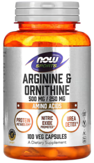 Аргинин и Орнитин, Arginine & Ornithine, NOW Foods, Sports, 100 капсул