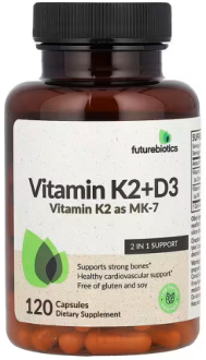 Витамины K2 + D3 с витамином K2 в виде MK-7, (5000 МЕ + 90 мкг), Futurebiotics, 120 капсул